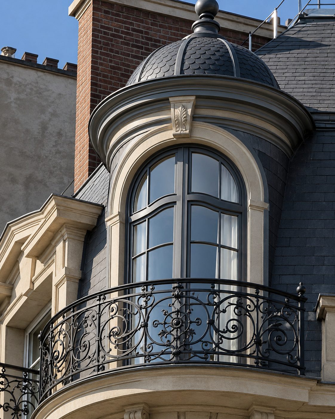 Fenêtre bombée en bois sur une lucarne à dôme d'ardoise, façade extérieure avec balcon en fer forgé