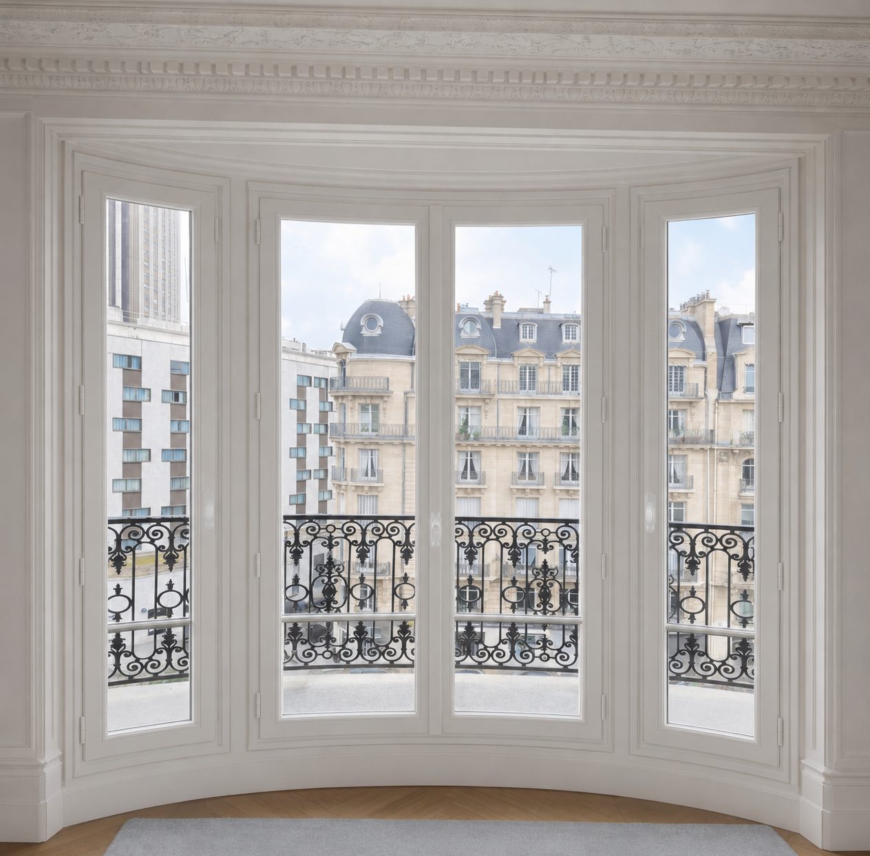 Fenêtre bombée à quatre vantaux en bois clair, vue intérieure ouvrant sur des façades haussmanniennes et un balcon en fer forgé