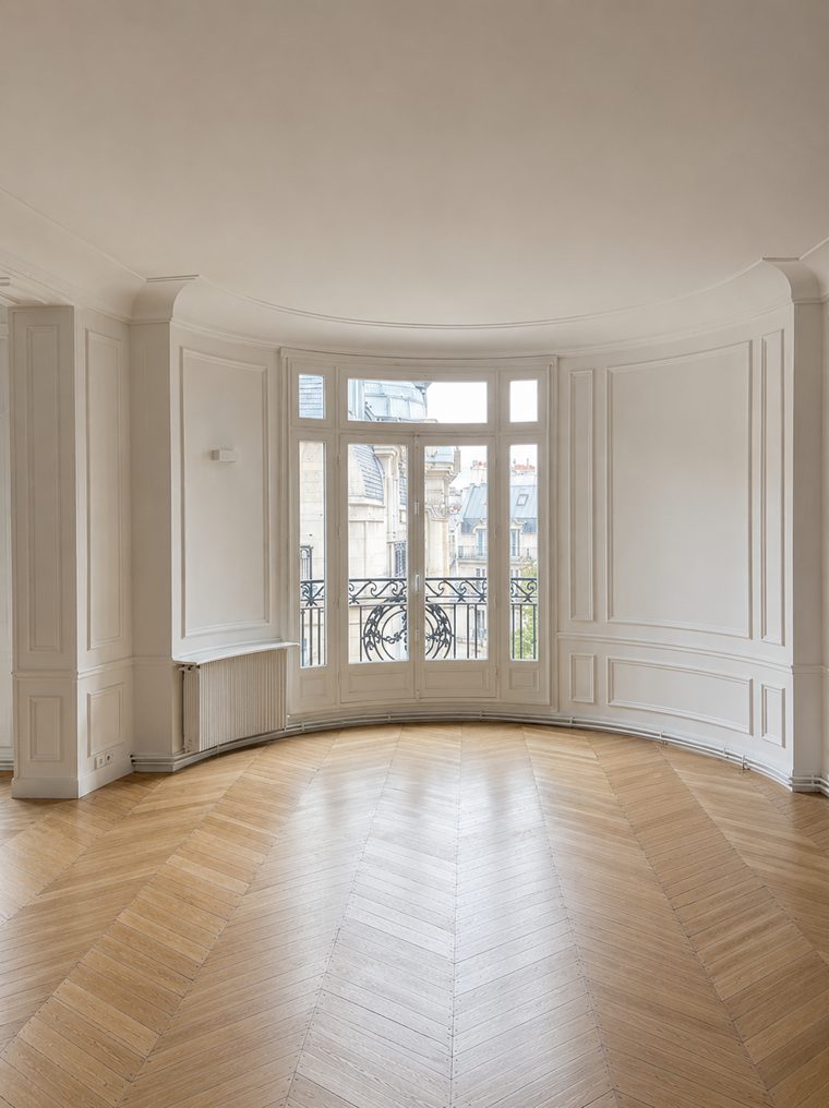 Salon haussmannien avec baie cintrée et parquet point de Hongrie